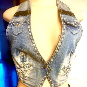 Love Culture Distressed Studded Denim Vest with Faux Leather & Rhinestones: NWT